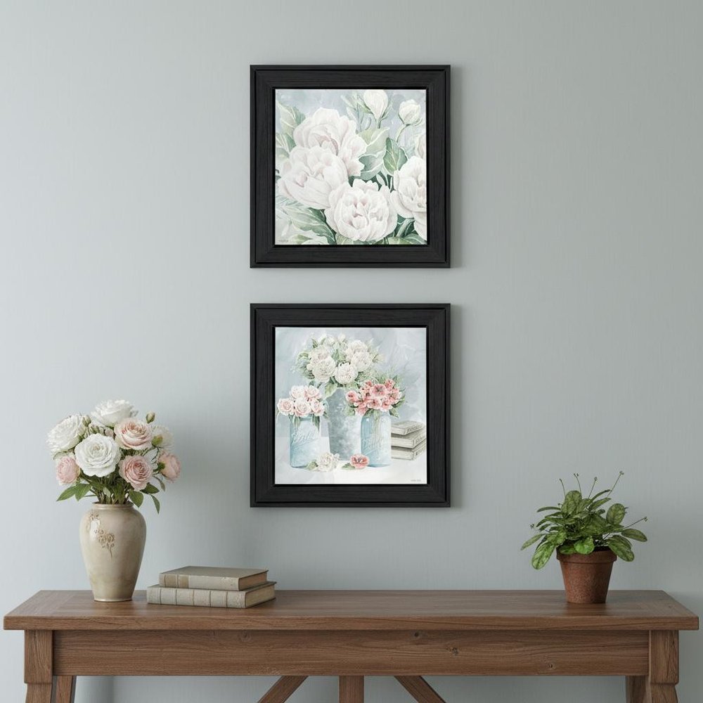 Set Of Two "Peaceful Pastel Peonies" Black Framed Wall Art — view 4