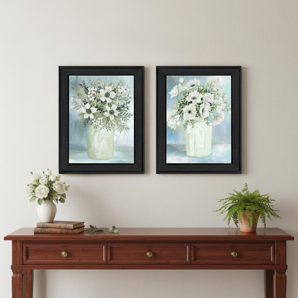 Set Of Two "Country Crock of Florals and Berries" Black Framed Wall Art HomeRoots
