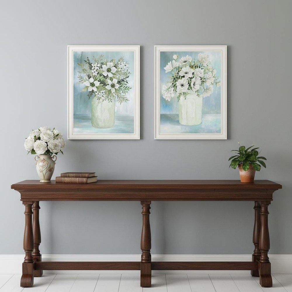 Set Of Two "Country Crock of Florals and Berries" White Framed Wall Art HomeRoots