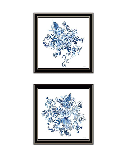 Set Of Two Blue And White Delph Floral Black Framed Wall Art HomeRoots