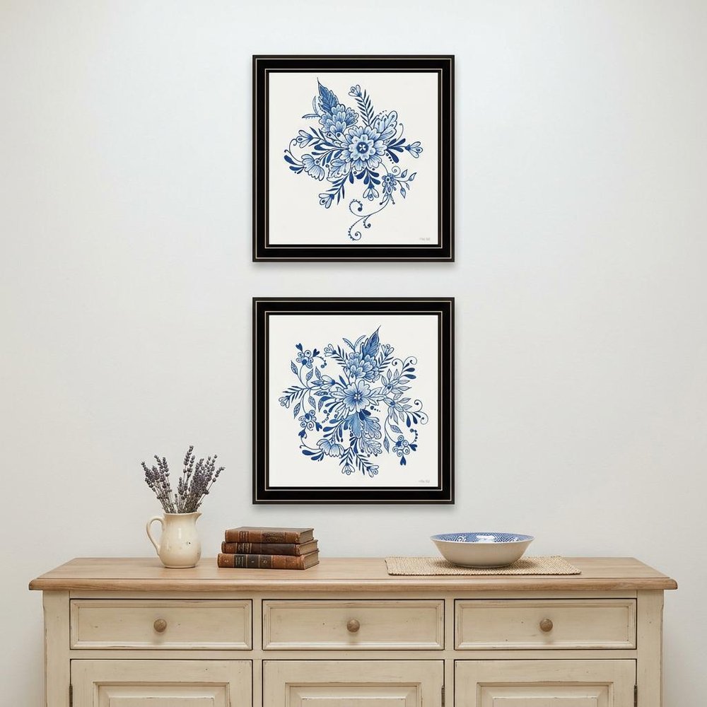 Set Of Two Blue And White Delph Floral Black Framed Wall Art — view 1