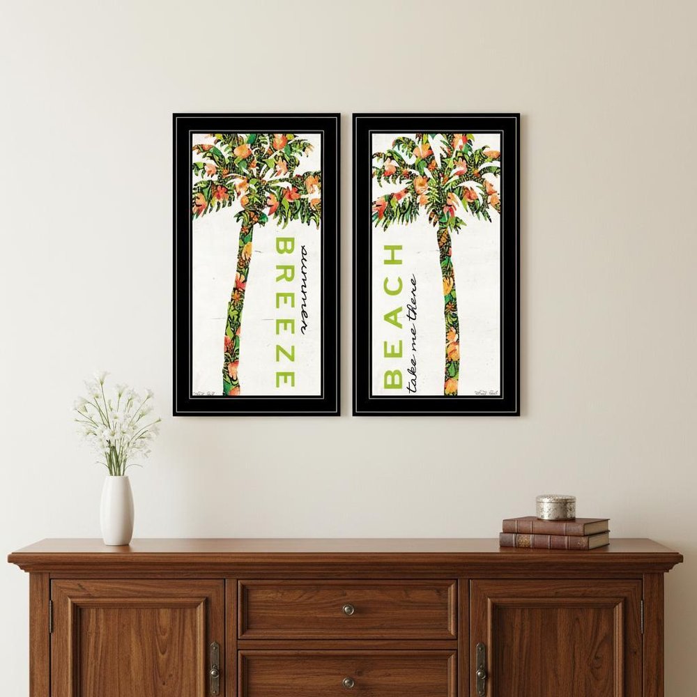 Set Of Two Summer Breeze Funky Palm Trees Black Framed Wall Art — view 1