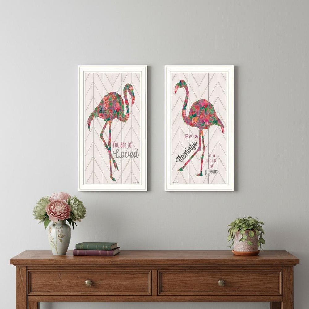 Set Of Two "Flamingo's - A matrix colors!" White Framed Wall Art — view 3