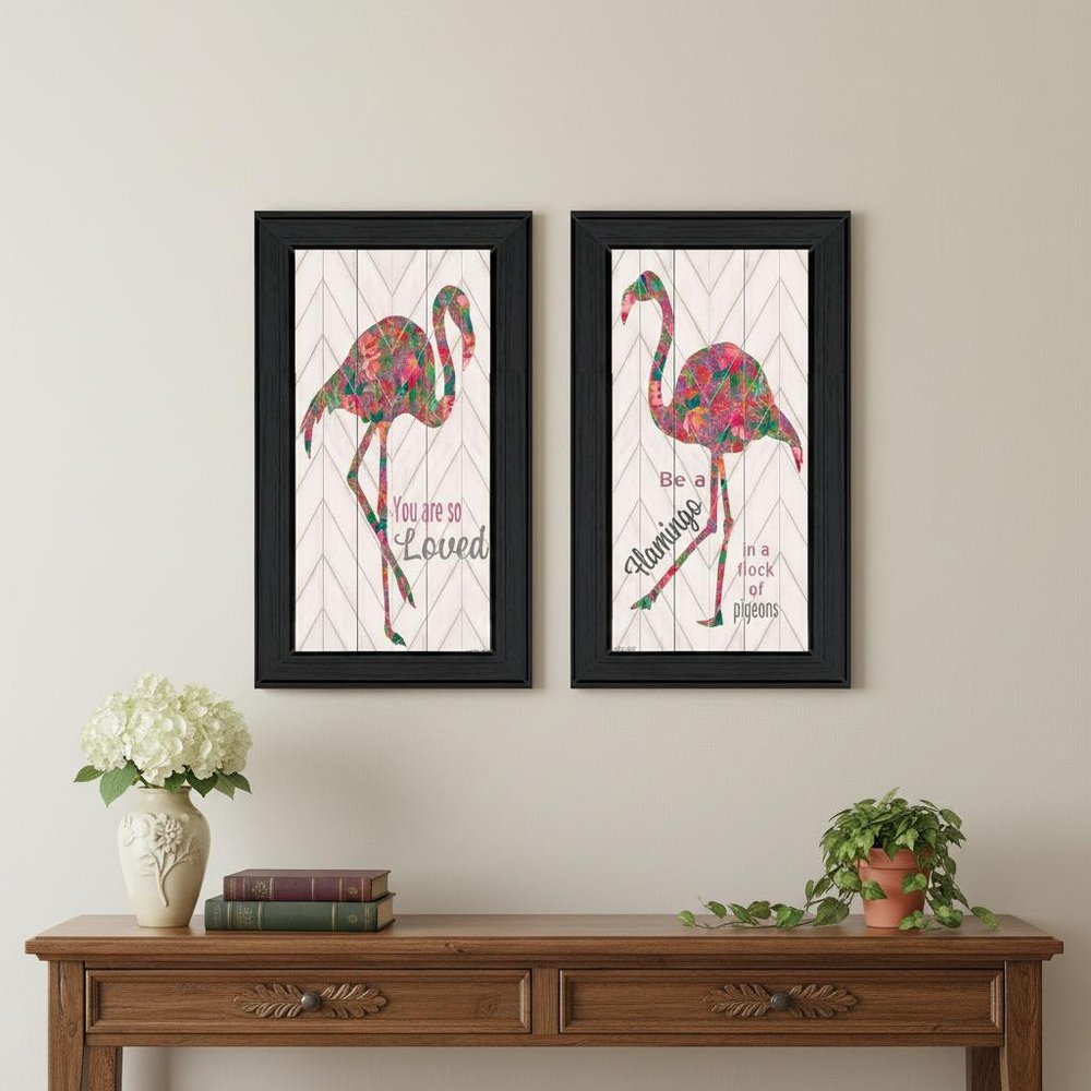 Set Of Two "Flamingo's - A matrix colors!" Black Framed Wall Art HomeRoots