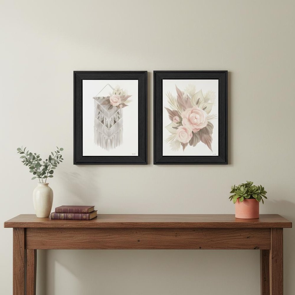 Set Of Two Boho Macrame And Florals Black Framed Wall Art — view 2