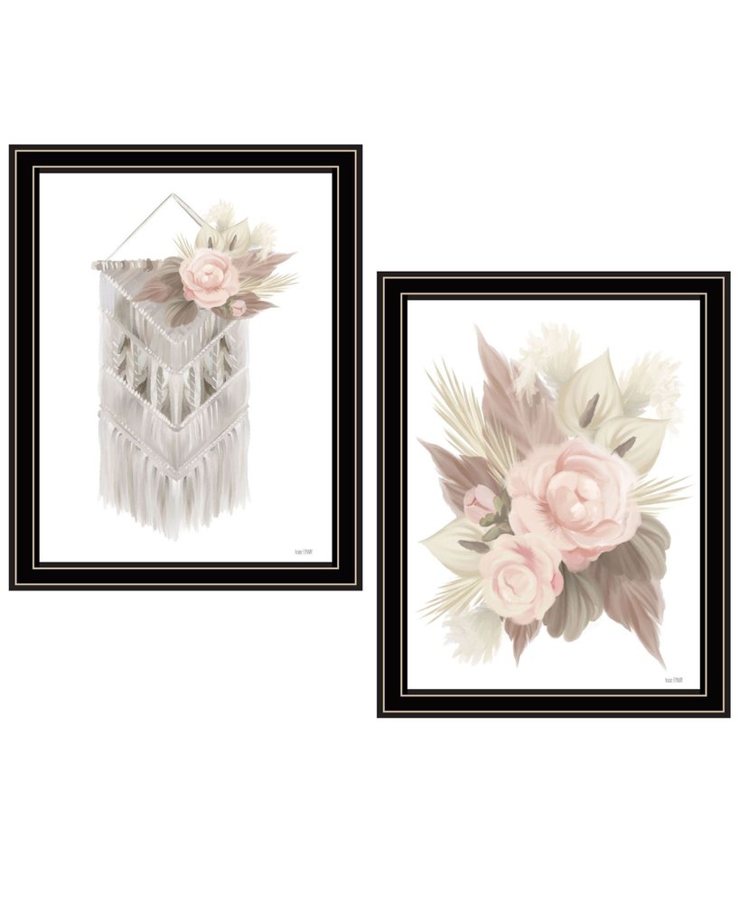 Set Of Two "Bohemian Macrame And Floral Arrangement" Black Framed Wall Art — view 1