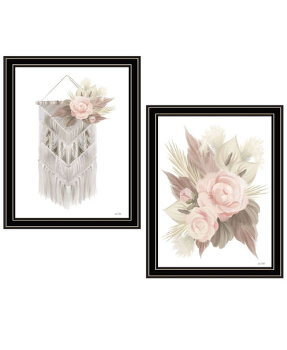 Set Of Two "Bohemian Macrame And Floral Arrangement" Black Framed Wall Art HomeRoots