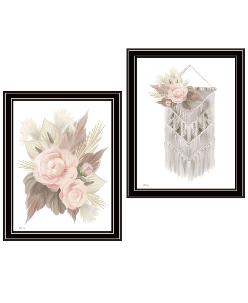 Set Of Two "Bohemian Macrame And Floral Arrangement" Black Framed Wall Art HomeRoots