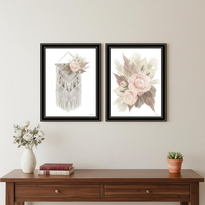 Set Of Two "Bohemian Macrame And Floral Arrangement" Black Framed Wall Art HomeRoots
