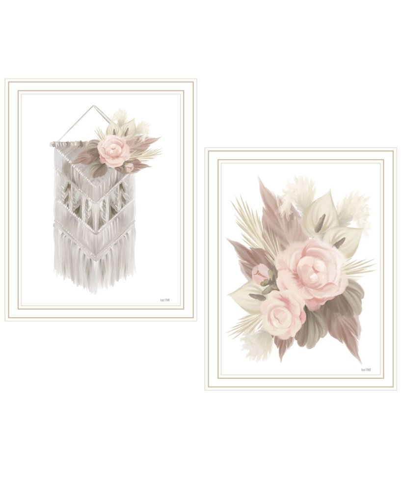 Set Of Two "Bohemian Macrame And Floral Arrangement" White Framed Wall Art — view 1