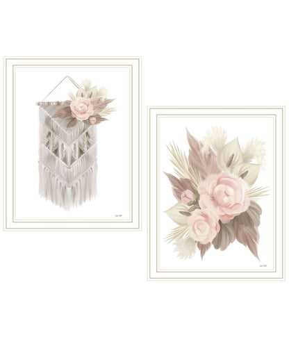 Set Of Two "Bohemian Macrame And Floral Arrangement" White Framed Wall Art HomeRoots