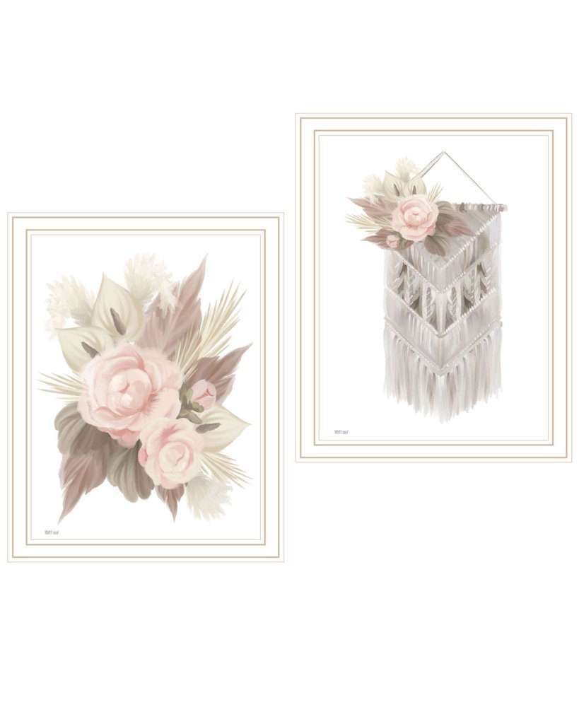 Set Of Two "Bohemian Macrame And Floral Arrangement" White Framed Wall Art — view 3