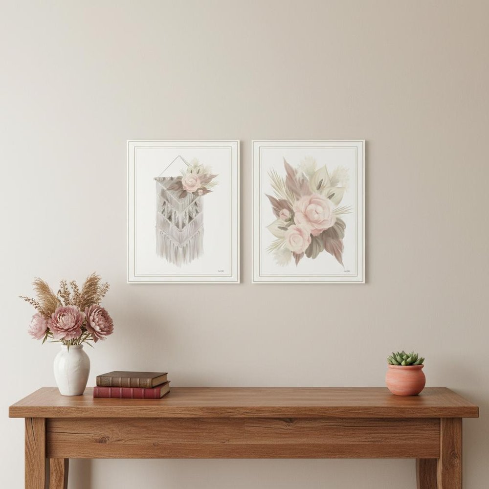 Set Of Two "Bohemian Macrame And Floral Arrangement" White Framed Wall Art — view 4