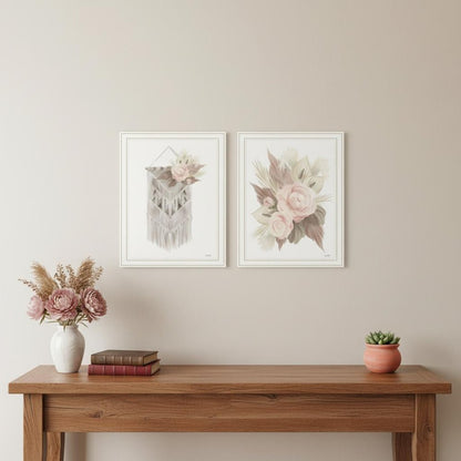Set Of Two "Bohemian Macrame And Floral Arrangement" White Framed Wall Art HomeRoots