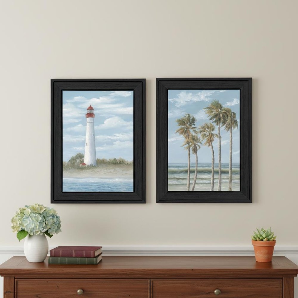 Set Of Two Cape May Lighthouse And Palm Trees Black Framed Wall Art HomeRoots