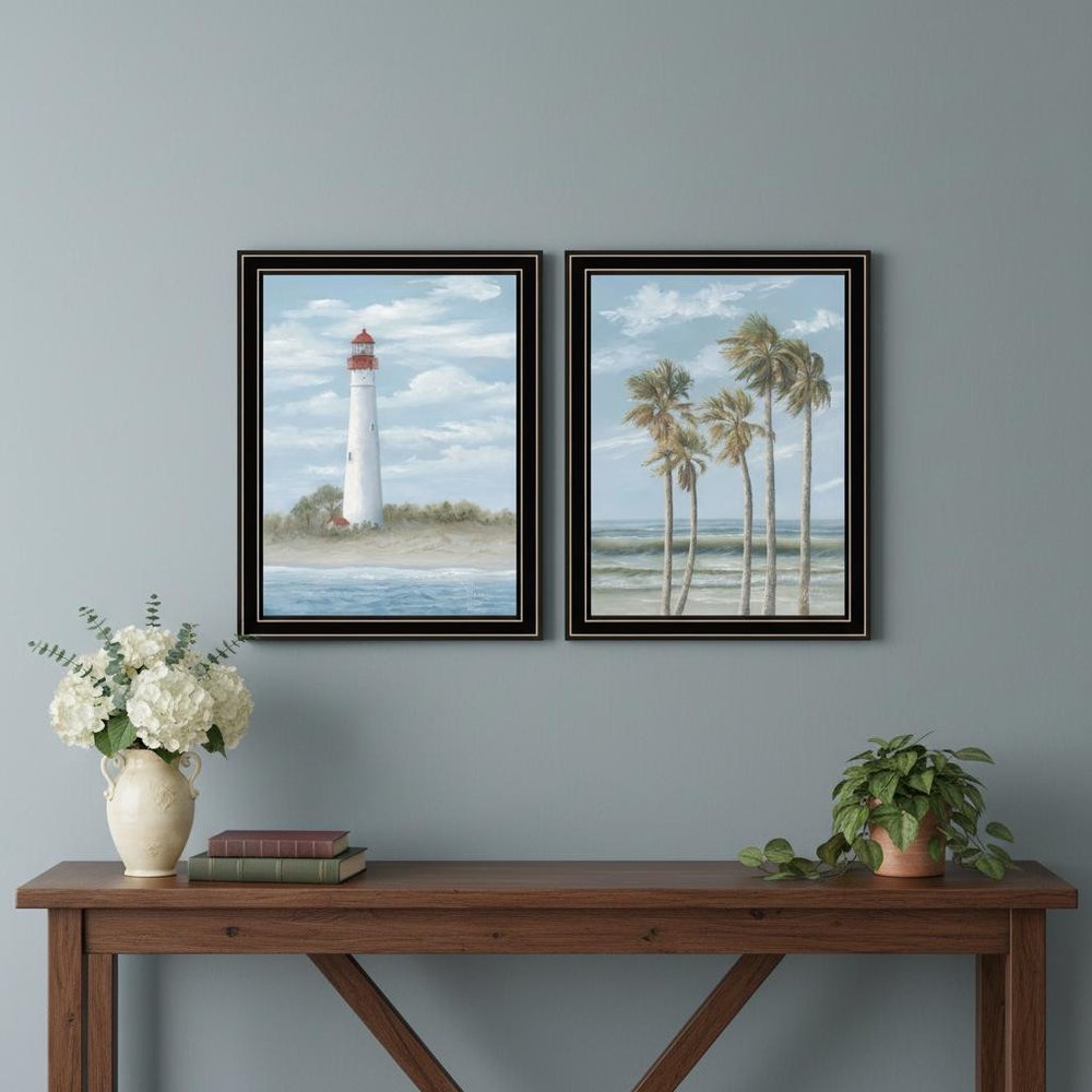Set Of Two Cape May Lighthouse And Palm Trees Black Framed Wall Art HomeRoots