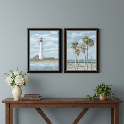 Set Of Two Cape May Lighthouse And Palm Trees Black Framed Wall Art HomeRoots