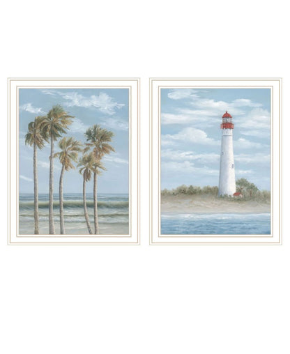 Set Of Two Cape May Lighthouse And Palm Trees White Framed Wall Art HomeRoots
