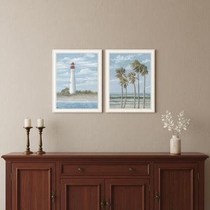 Set Of Two Cape May Lighthouse And Palm Trees White Framed Wall Art HomeRoots
