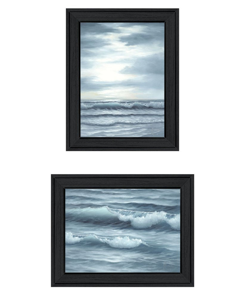 Set Of Two "The Ocean Blue - high tide at sunset." Black Framed Wall Art HomeRoots