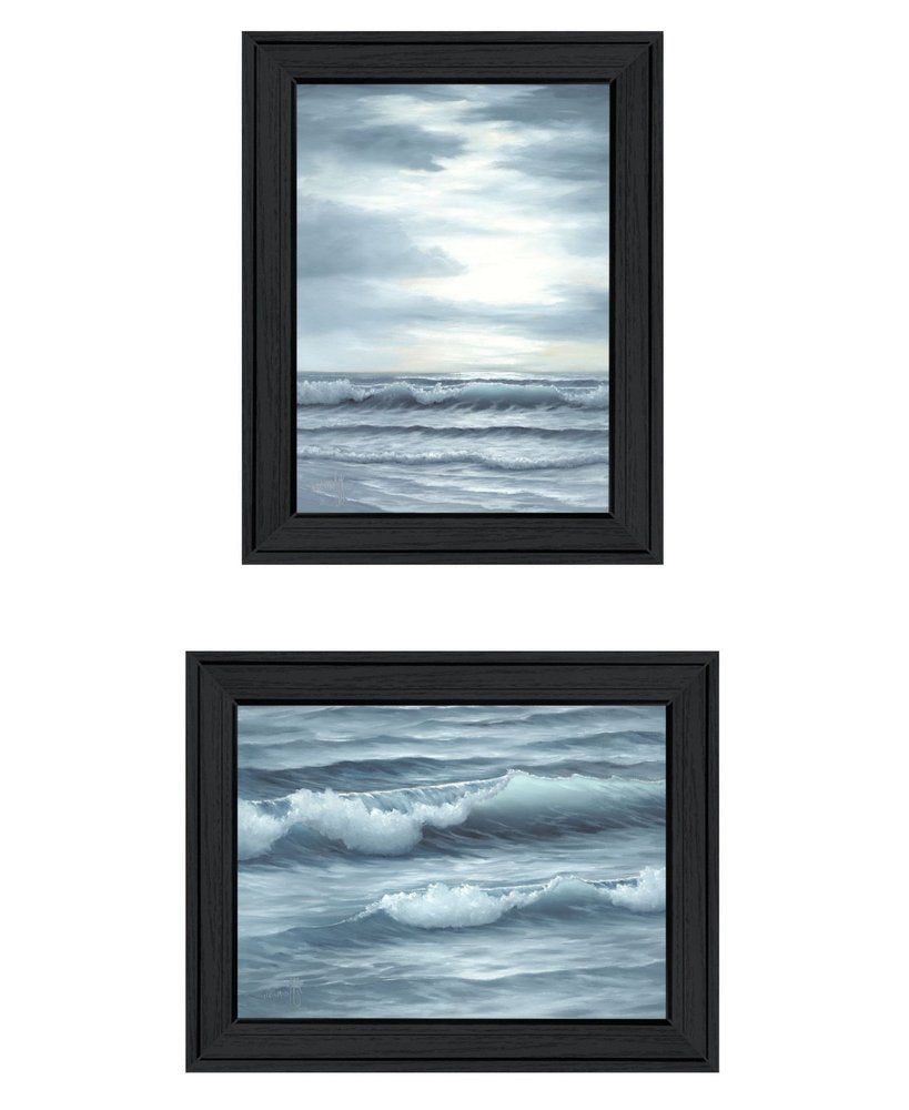 Set Of Two "The Ocean Blue - high tide at sunset." Black Framed Wall Art HomeRoots