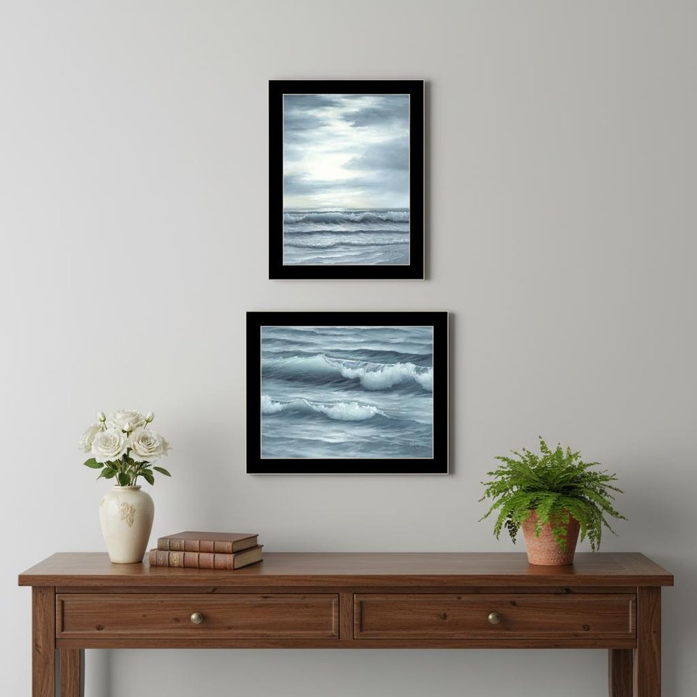 Set Of Two "The Ocean Blue - high tide at sunset." Black Framed Wall Art — view 4