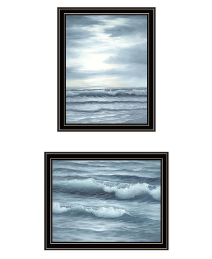 Set Of Two "The Ocean Blue - high tide at sunset." Black Framed Wall Art HomeRoots