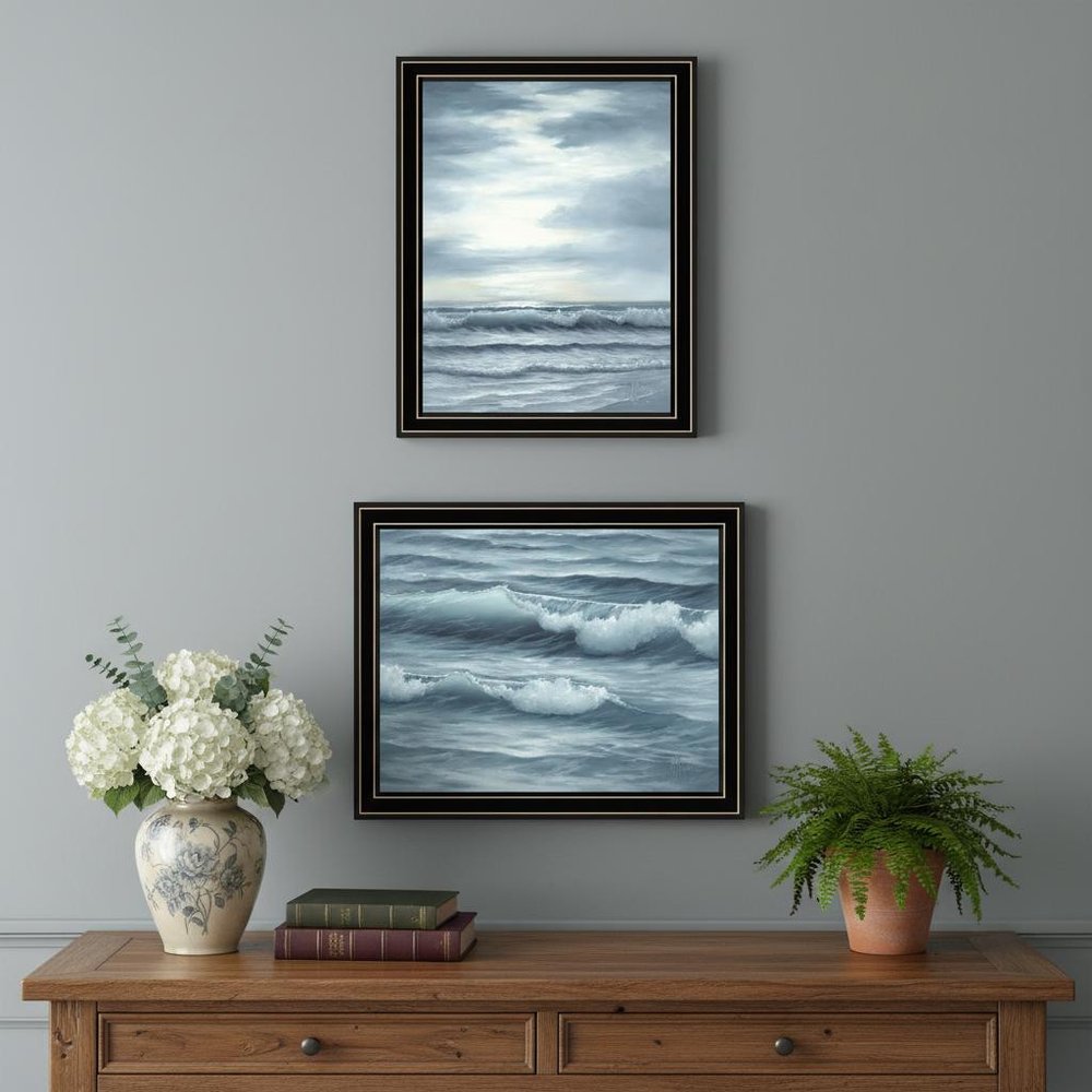 Set Of Two "The Ocean Blue - high tide at sunset." Black Framed Wall Art HomeRoots