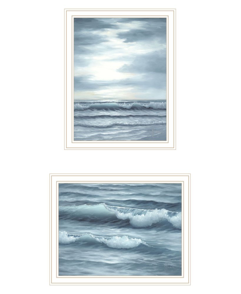 Set Of Two "The Ocean Blue - high tide at sunset." White Framed Wall Art HomeRoots