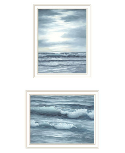 Set Of Two "The Ocean Blue - high tide at sunset." White Framed Wall Art HomeRoots