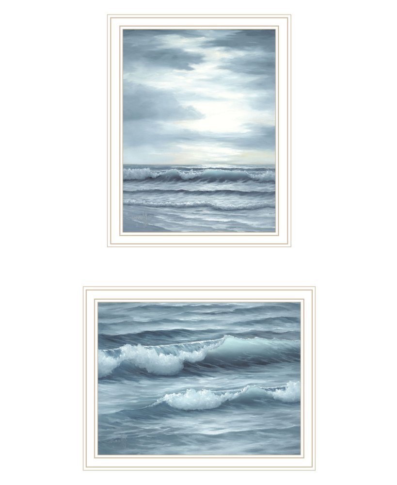 Set Of Two "The Ocean Blue - high tide at sunset." White Framed Wall Art HomeRoots