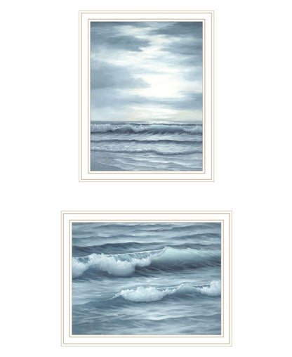 Set Of Two "The Ocean Blue - high tide at sunset." White Framed Wall Art HomeRoots