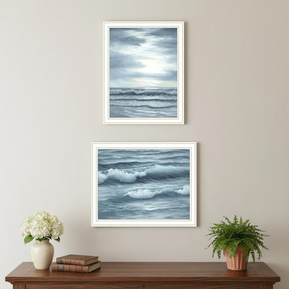 Set Of Two "The Ocean Blue - high tide at sunset." White Framed Wall Art HomeRoots