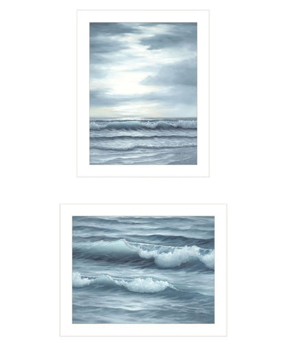Set Of Two "The Ocean Blue - high tide at sunset." White Framed Wall Art HomeRoots