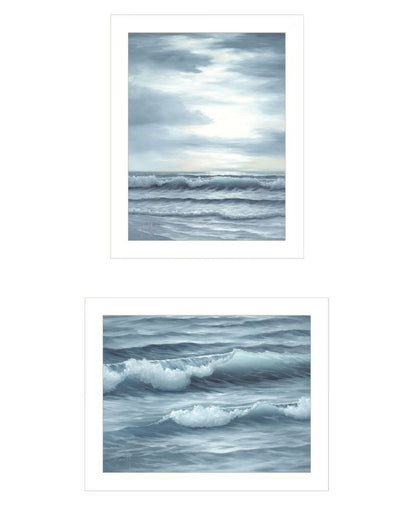Set Of Two "The Ocean Blue - high tide at sunset." White Framed Wall Art HomeRoots