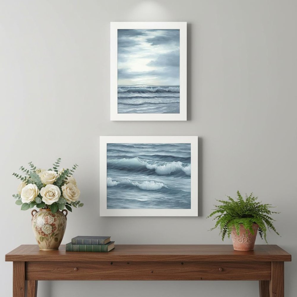 Set Of Two "The Ocean Blue - high tide at sunset." White Framed Wall Art HomeRoots