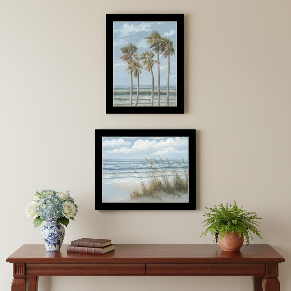 Set Of Two "Winds of the ocean blowing the Palm Trees and Sea Oats" Black Framed Wall Art — view 4