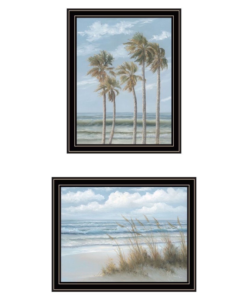 Set Of Two Winds Of The Ocean Blowing Palm Trees Black Framed Wall Art — view 3