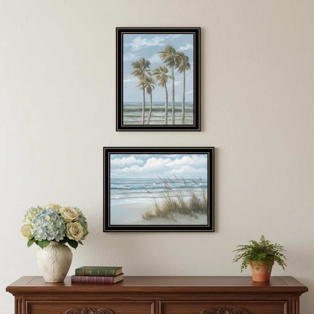 Set Of Two Winds Of The Ocean Blowing Palm Trees Black Framed Wall Art — view 2