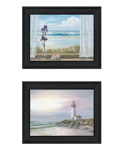 Set Of Two Lighthouse at Sunset Black Framed Wall Art
