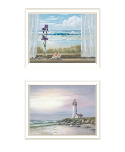 Set Of Two Lighthouse at Sunset White Framed Wall Art