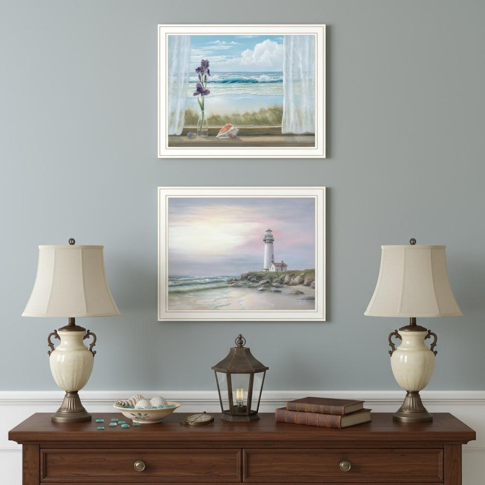 Set Of Two Lighthouse at Sunset White Framed Wall Art