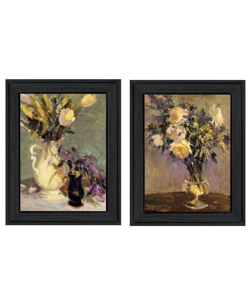 Set Of Two Abstract Tulips And Lavender Flower Vases Black Framed Wall Art