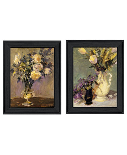 Set Of Two Abstract Tulips And Lavender Flower Vases Black Framed Wall Art