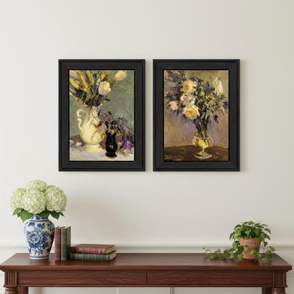 Set Of Two Abstract Tulips And Lavender Flower Vases Black Framed Wall Art