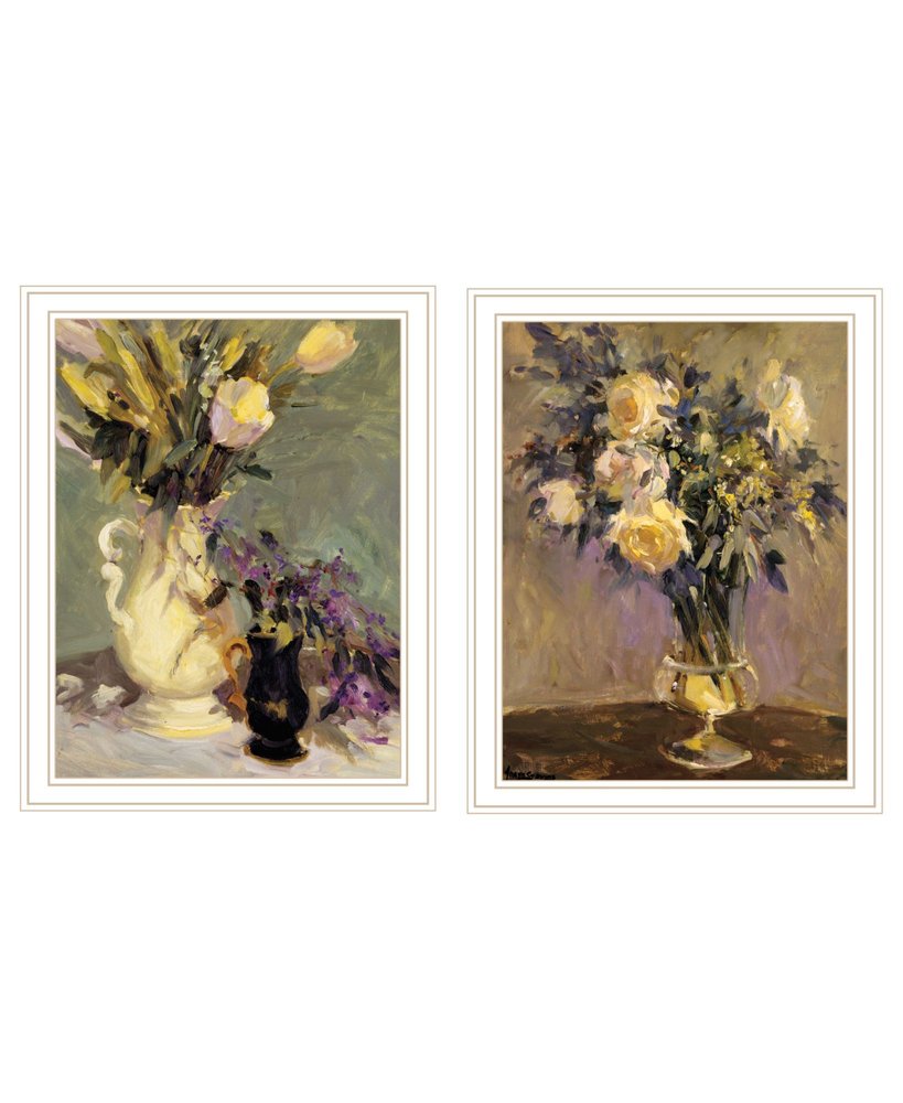 Set Of Two Abstract Tulips And Lavender Flower Vases White Framed Wall Art — view 1