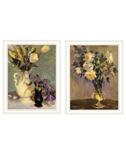 Set Of Two Abstract Tulips And Lavender Flower Vases White Framed Wall Art
