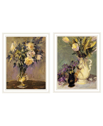 Set Of Two Abstract Tulips And Lavender Flower Vases White Framed Wall Art