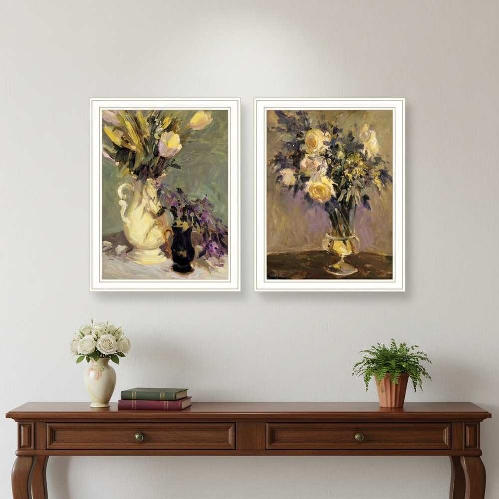 Set Of Two Abstract Tulips And Lavender Flower Vases White Framed Wall Art