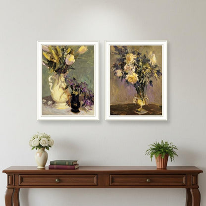 Set Of Two Abstract Tulips And Lavender Flower Vases White Framed Wall Art